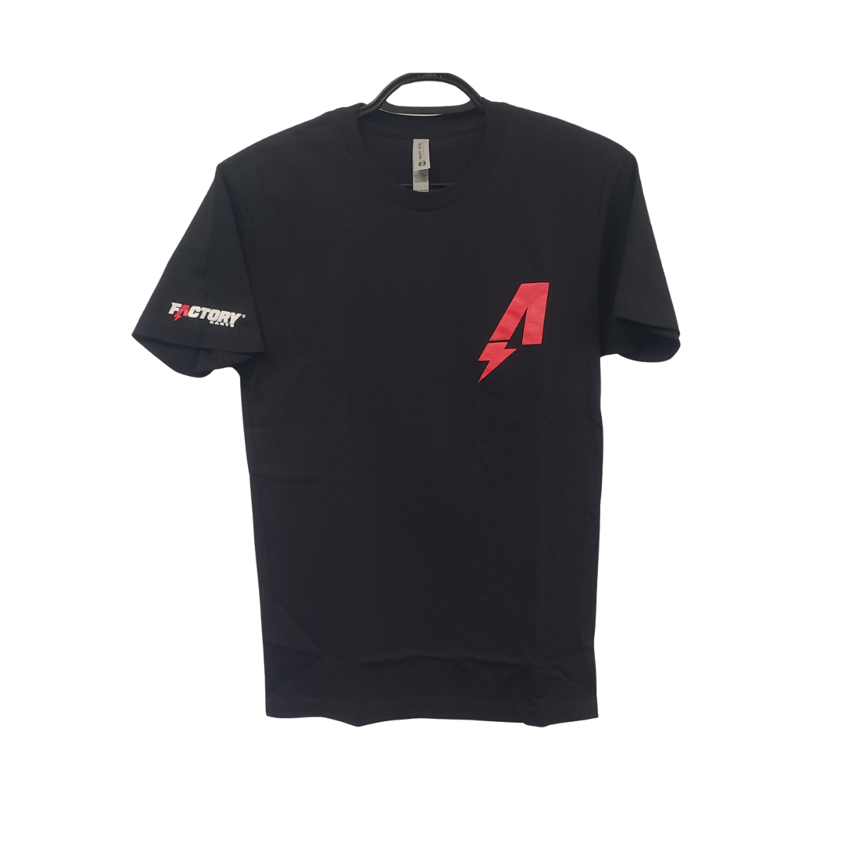 Factory Karts Black T-shirt with red logo on chest and sleeve, hanging on a hanger.