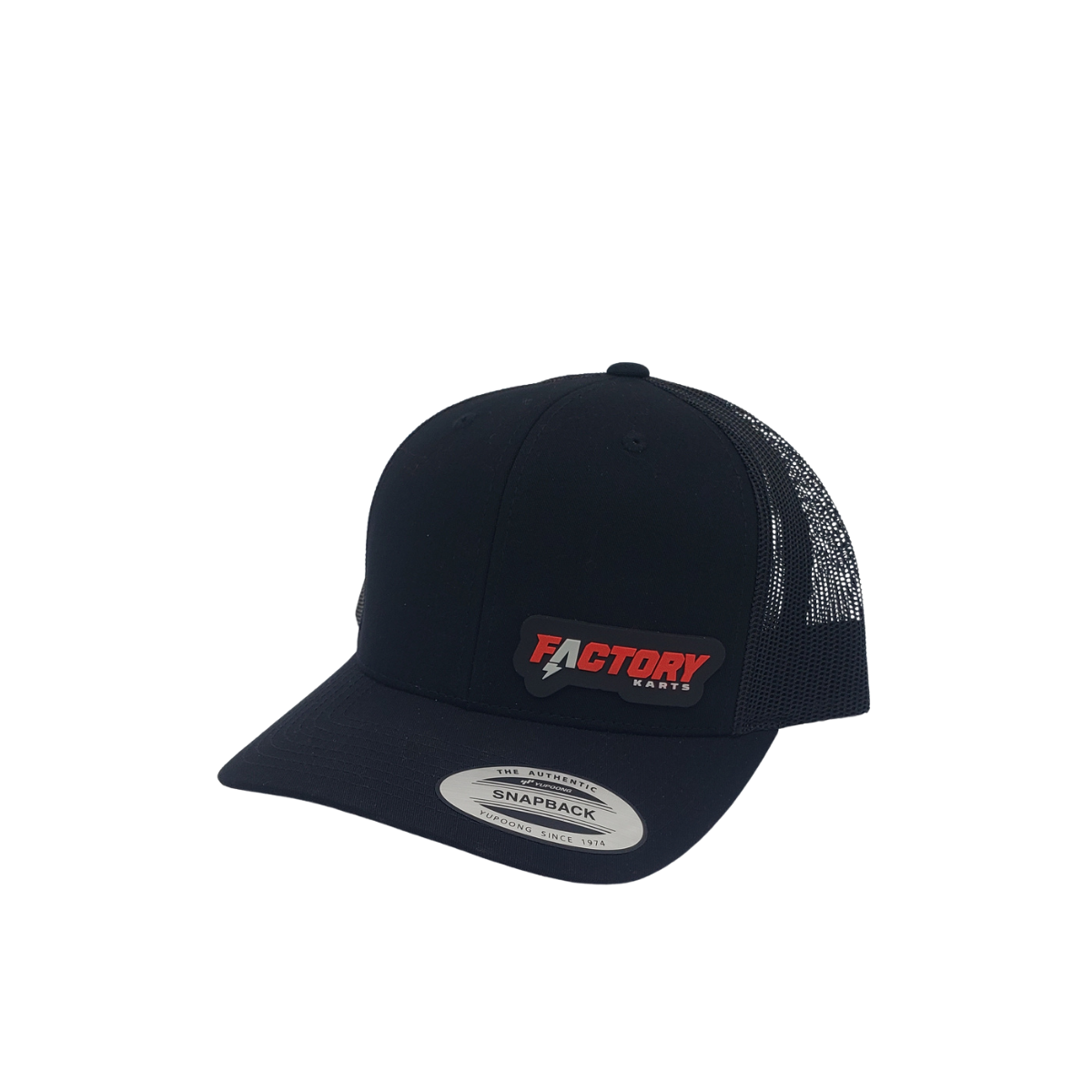 Black mesh baseball cap with a red-and-white logo on the front and a sticker on the brim