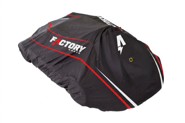 Factory Karts Black F-Factory vehicle cover with red stripes and white logo, shown from the side.
