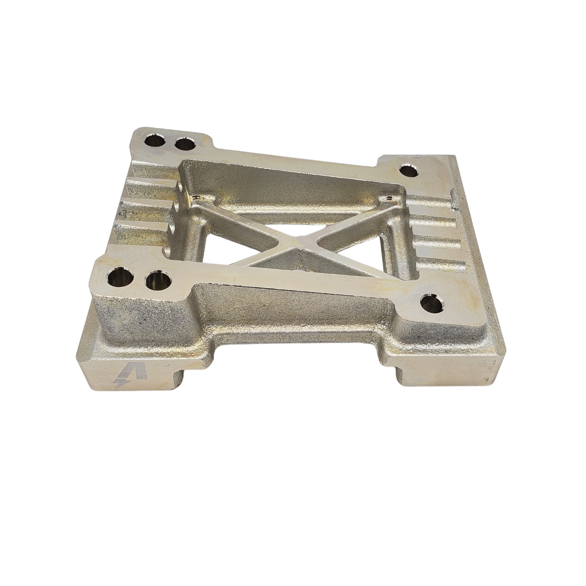 Metal mounting bracket with four corner holes and an X-shaped cutout on a white background