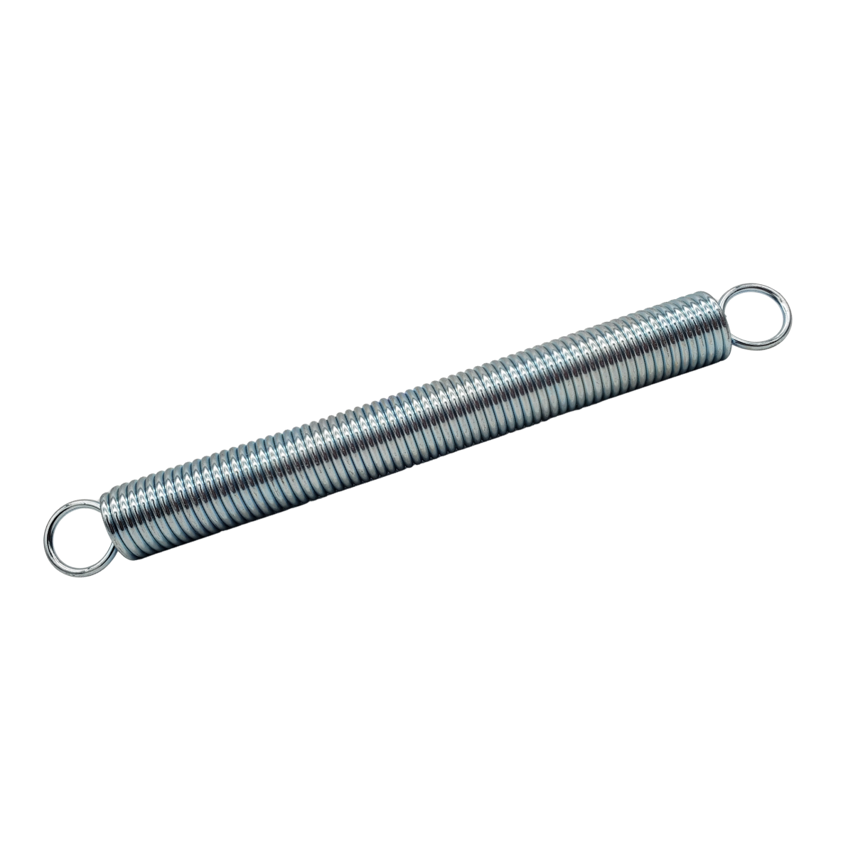 Metal extension spring with circular loops on both ends, shown diagonally on a white background