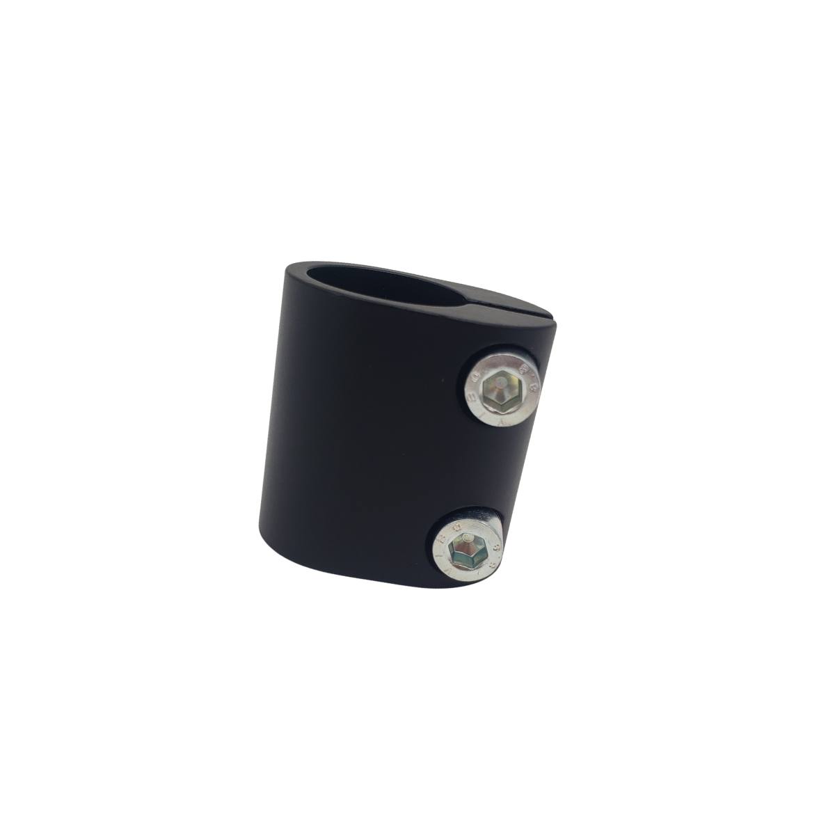 Black metal hose clamp with two silver screws on a white background