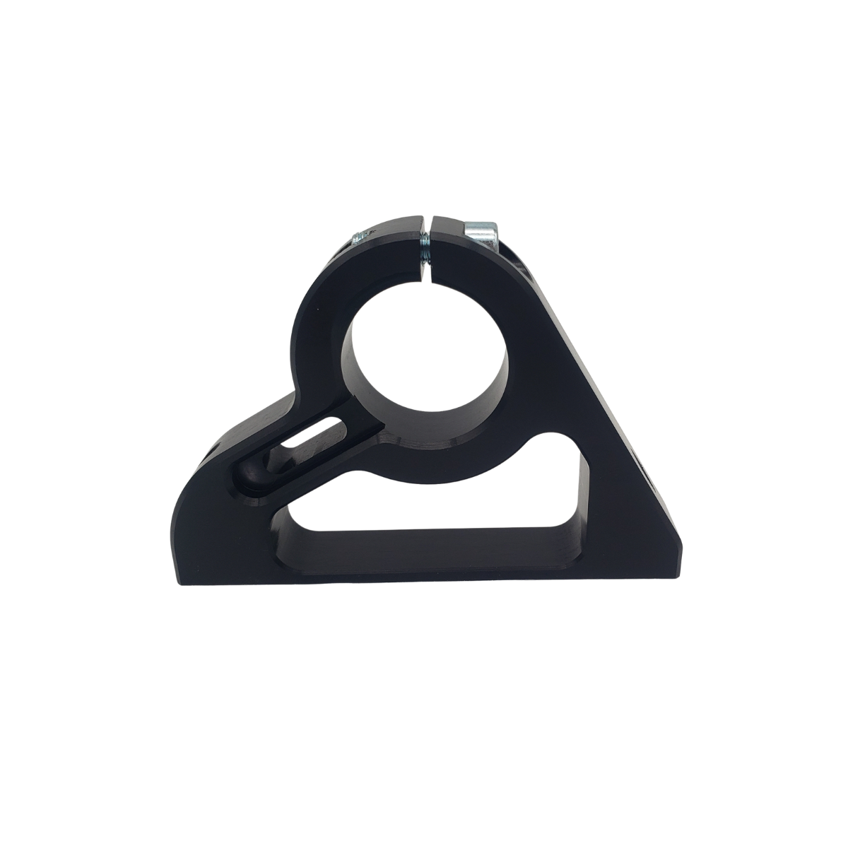 Black metal clamp or bracket with a circular opening and slotted base on a white background