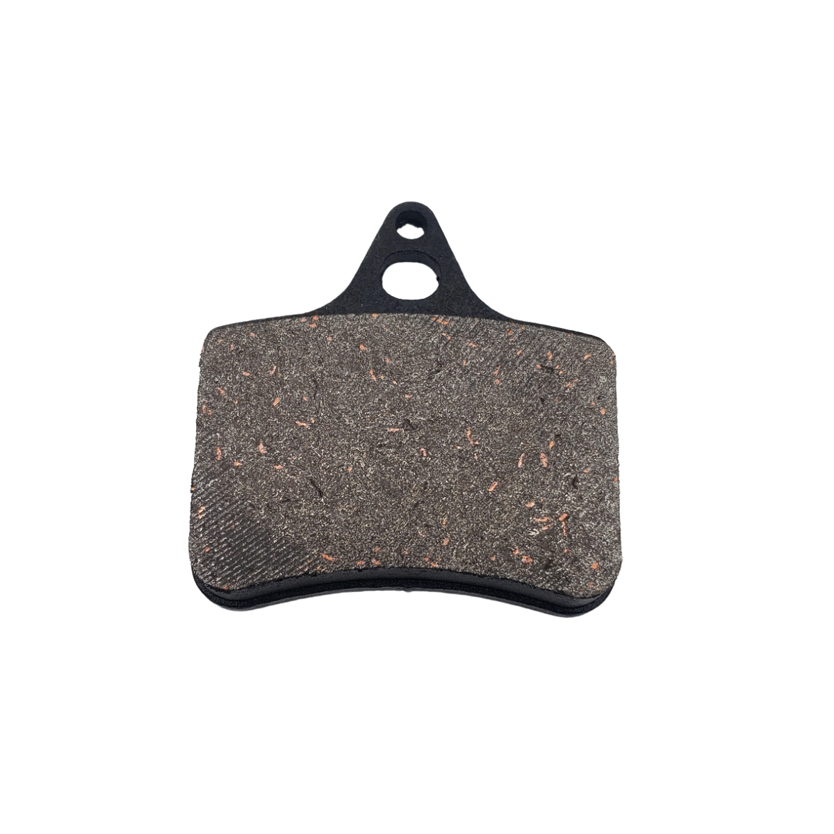 Disc brake pad with dark friction surface and black metal tab on white background