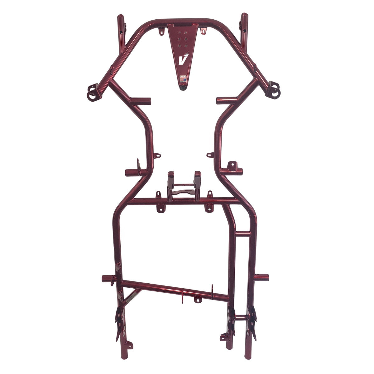 Maroon metal Factory Kart frame on a white background