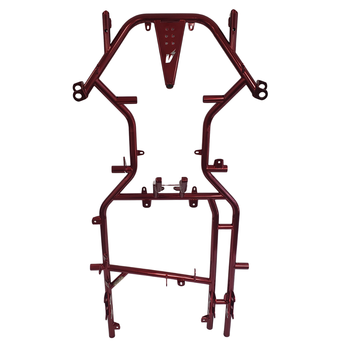 Red metal go-kart frame on a white background