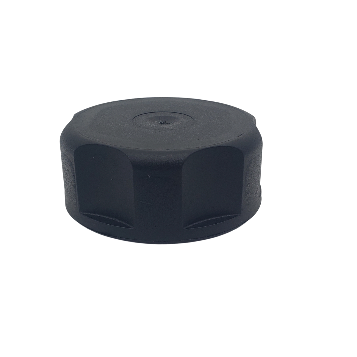 Black plastic knob with ribbed sides on a white background
