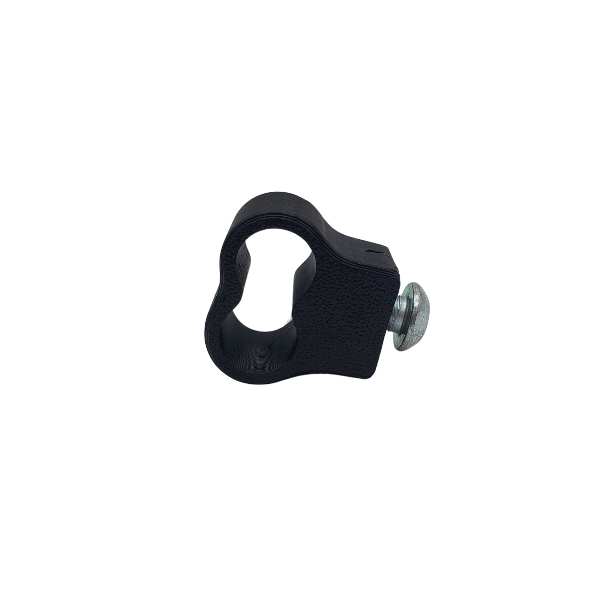 Black clamp with a silver screw on a white background