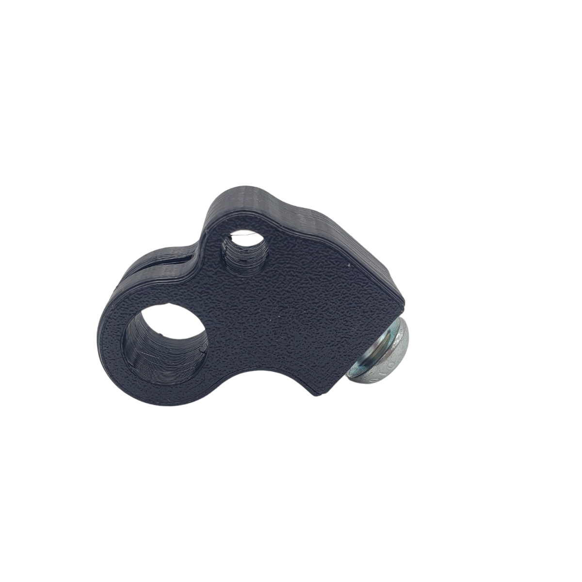 Black metal mounting bracket with two holes and a silver screw on a white background