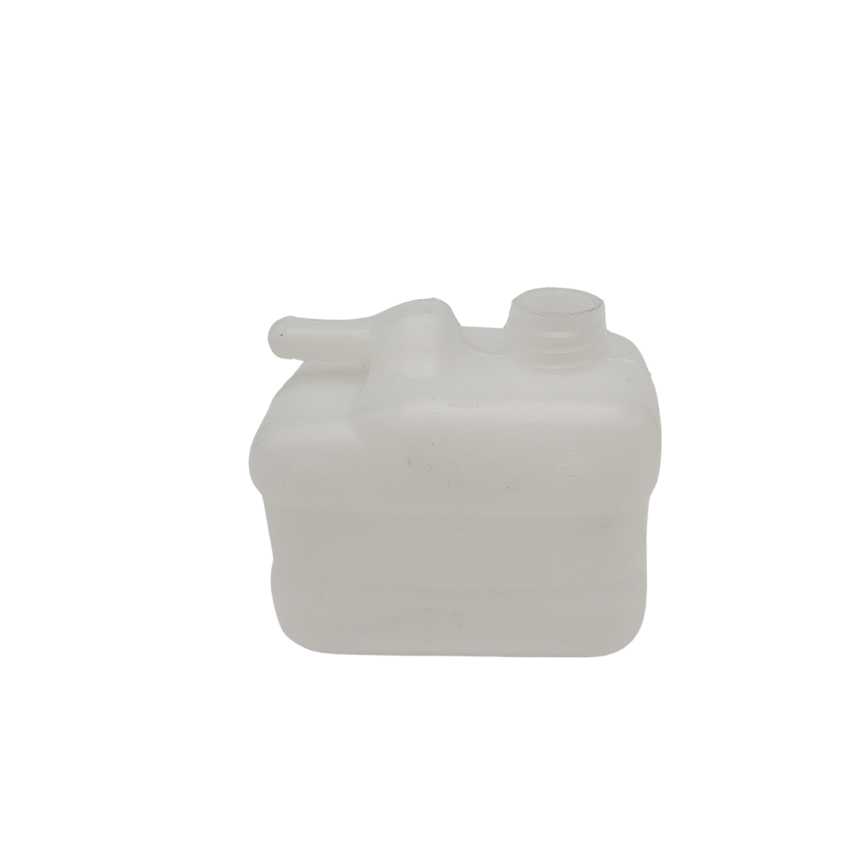 Small translucent white plastic container with a screw cap and side spout on a plain background