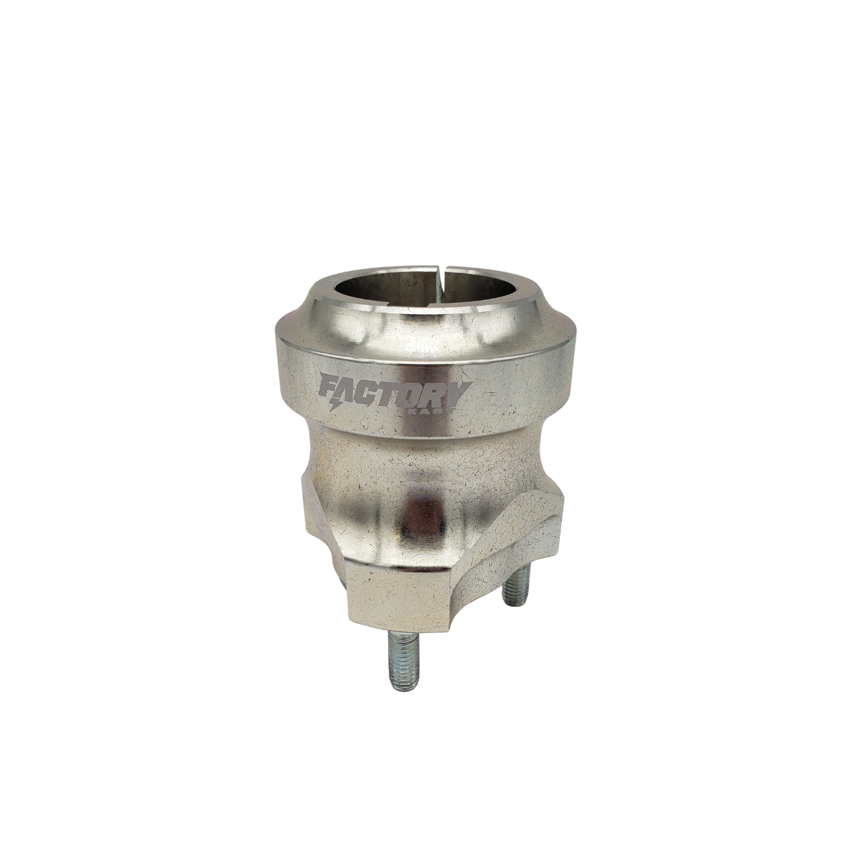Small silver metal valve or connector with a threaded opening and two prongs on a white background