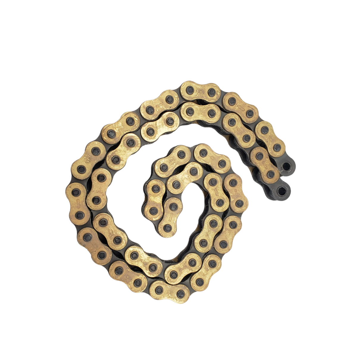 Coiled gold bicycle chain on a white background