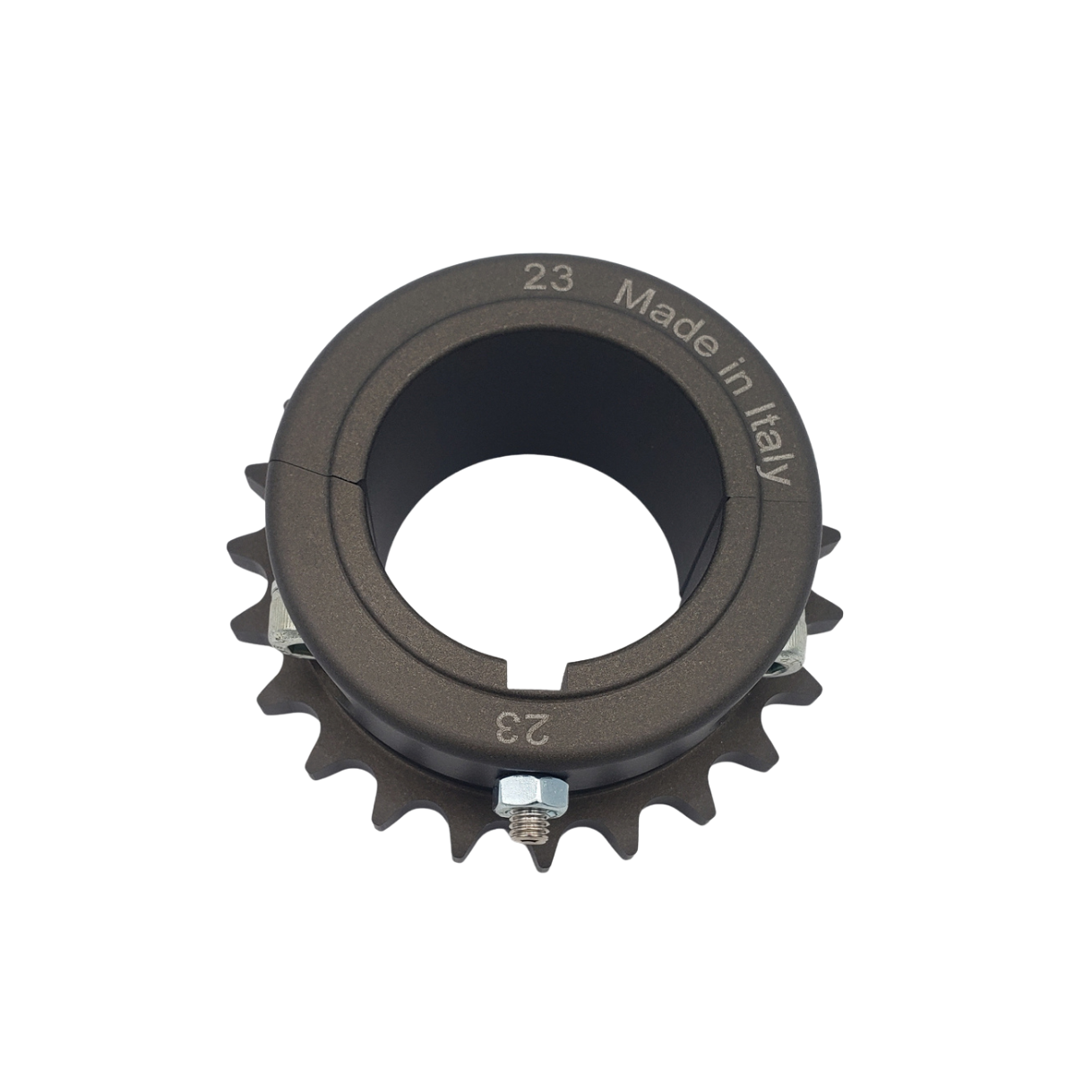 Black metal bicycle sprocket gear with central hole and stamped text on a white background