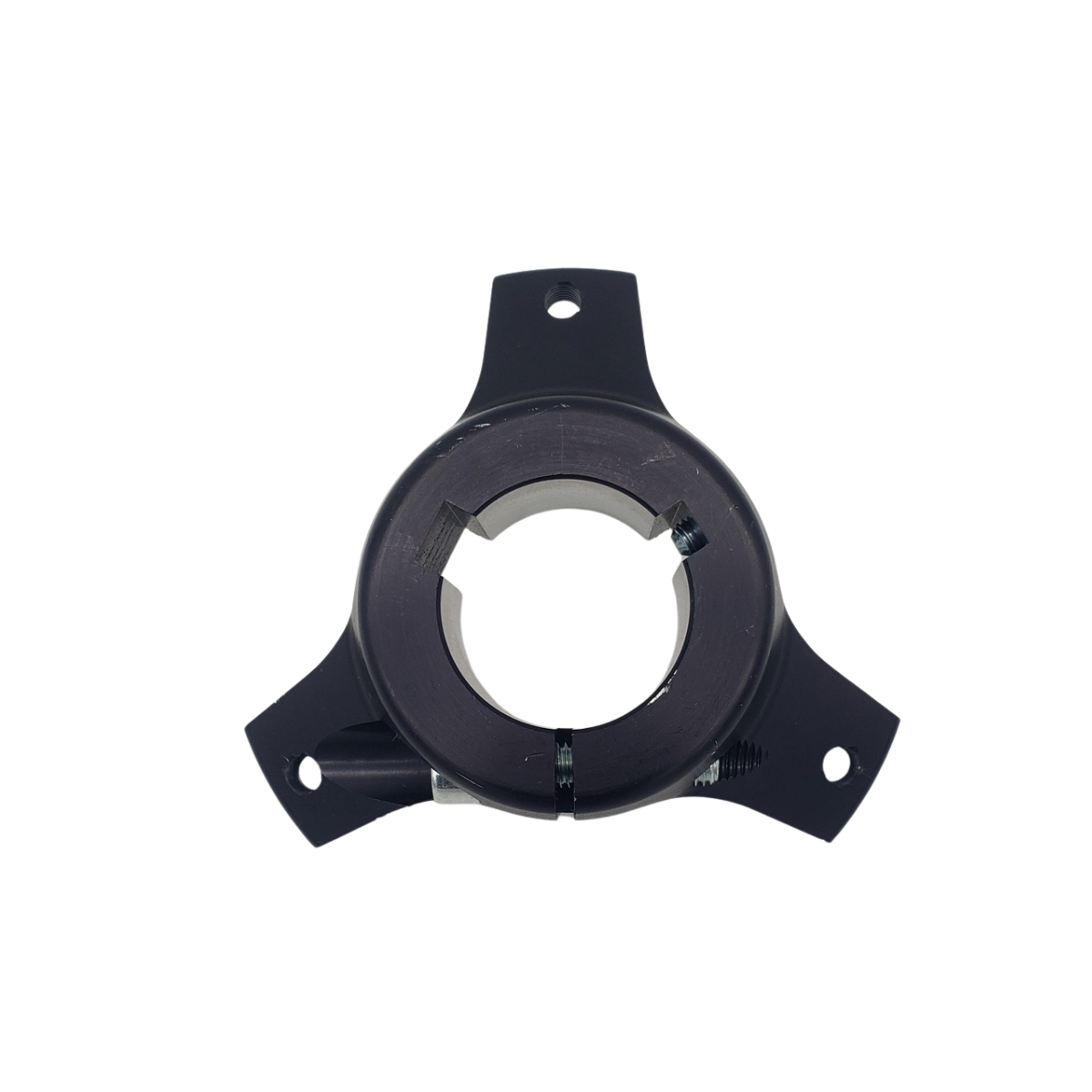 Black three-pronged metal mounting bracket with a circular center hole on a white background