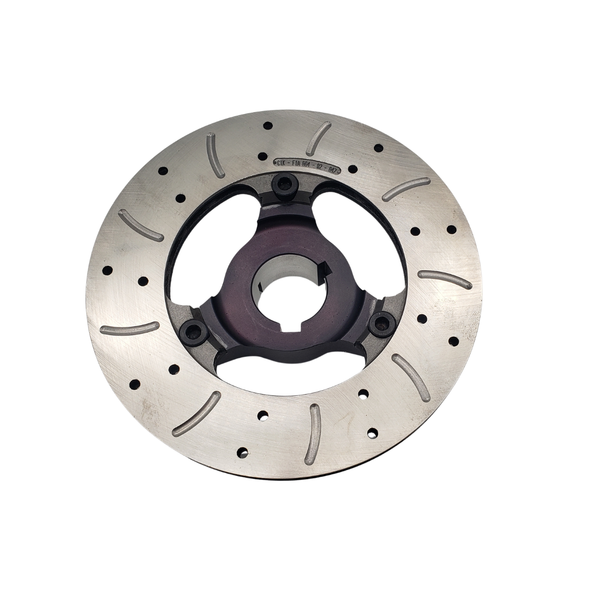 Silver automotive brake rotor disc on a white background