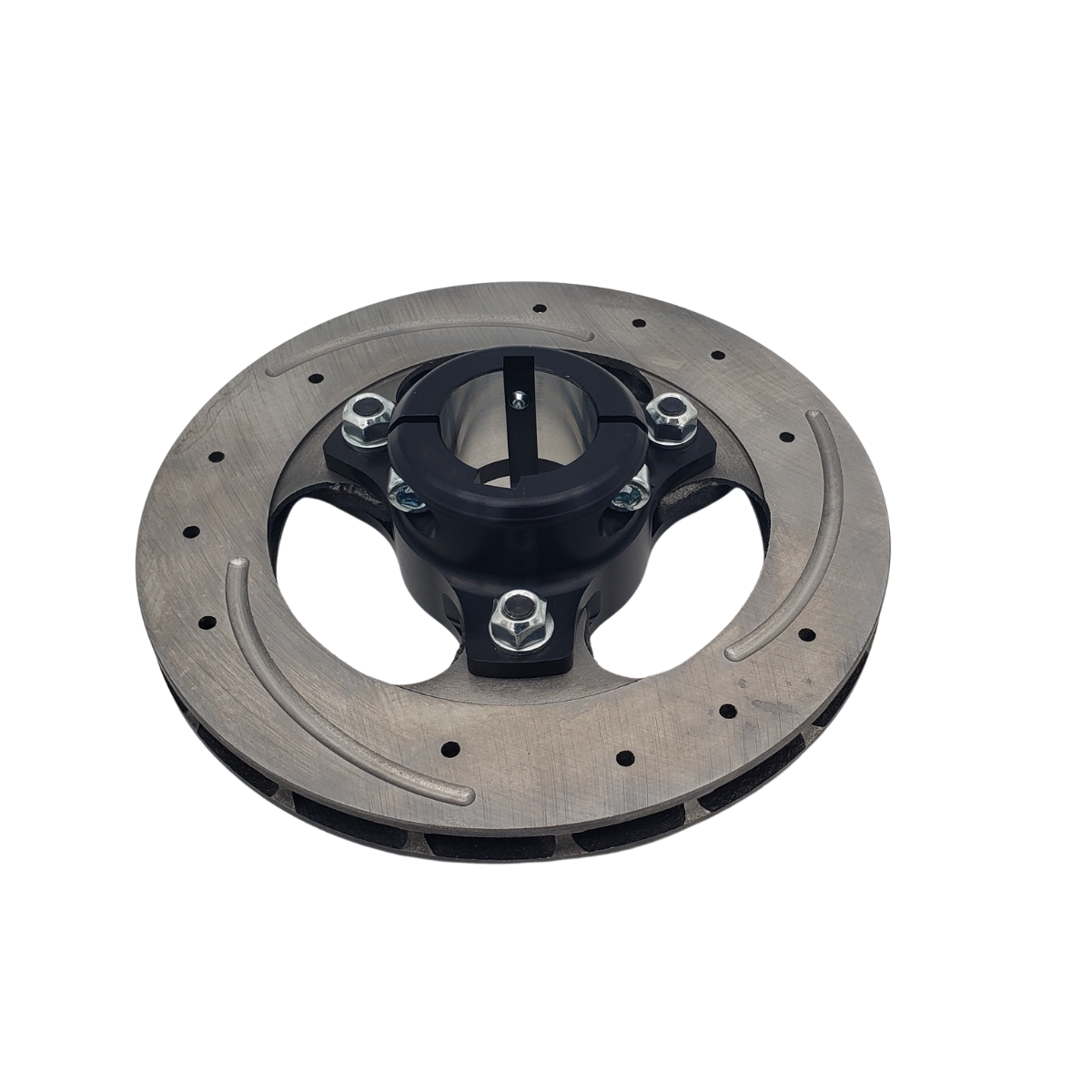 Car brake disc rotor with black mounting hub on a white background