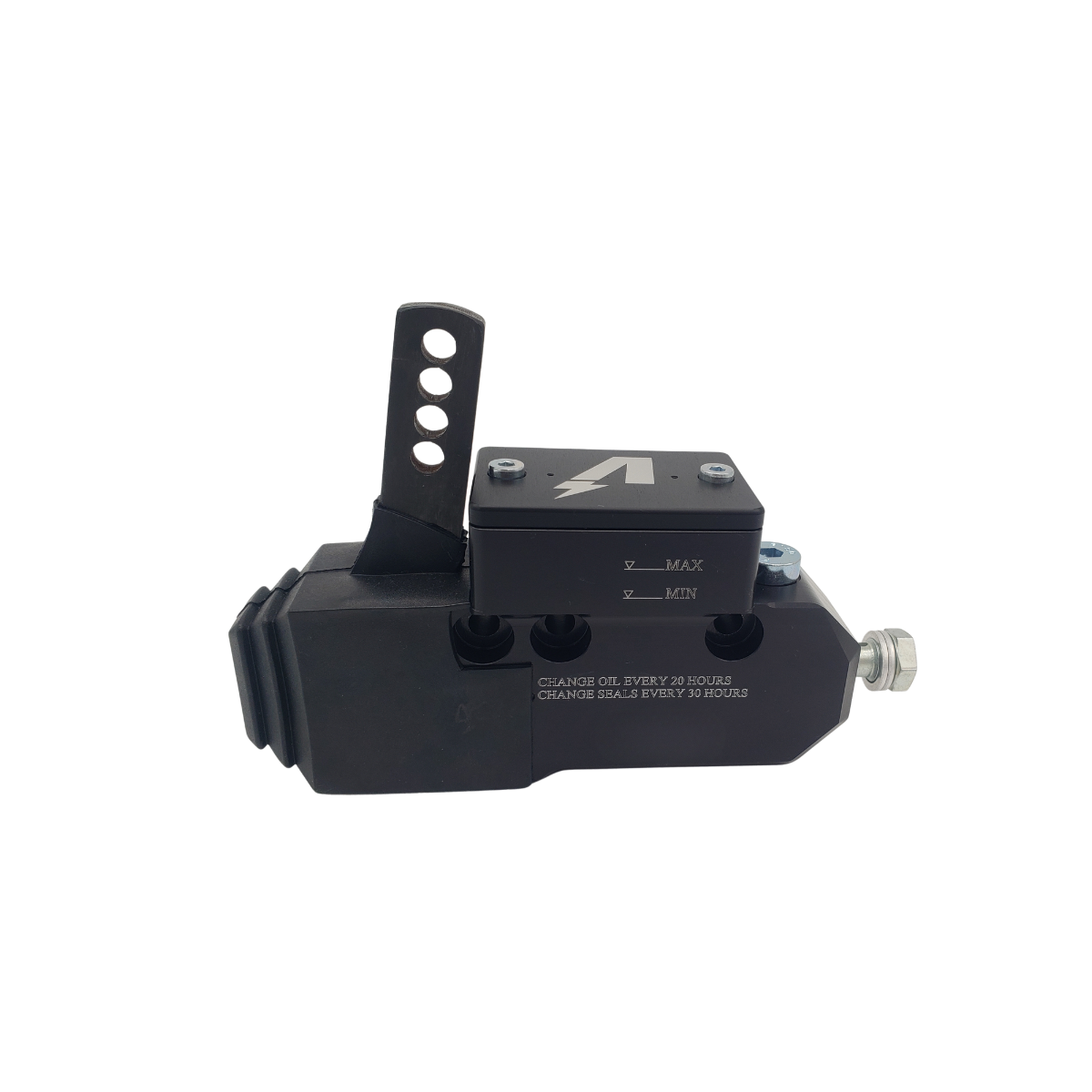 Black mechanical device with a metal mounting bracket and side knob on a white background