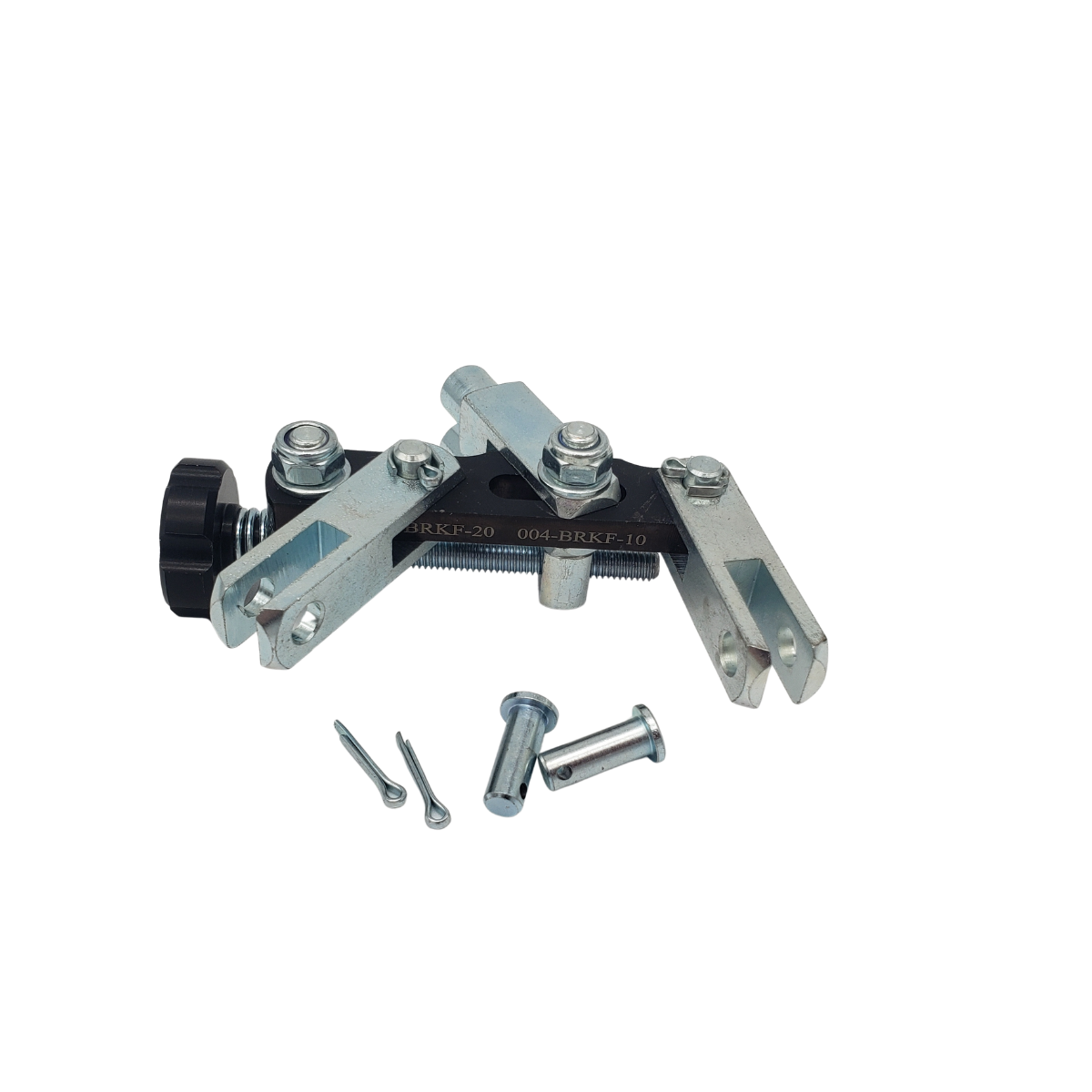 Black and silver metal clamp with bolts and screws on a white background