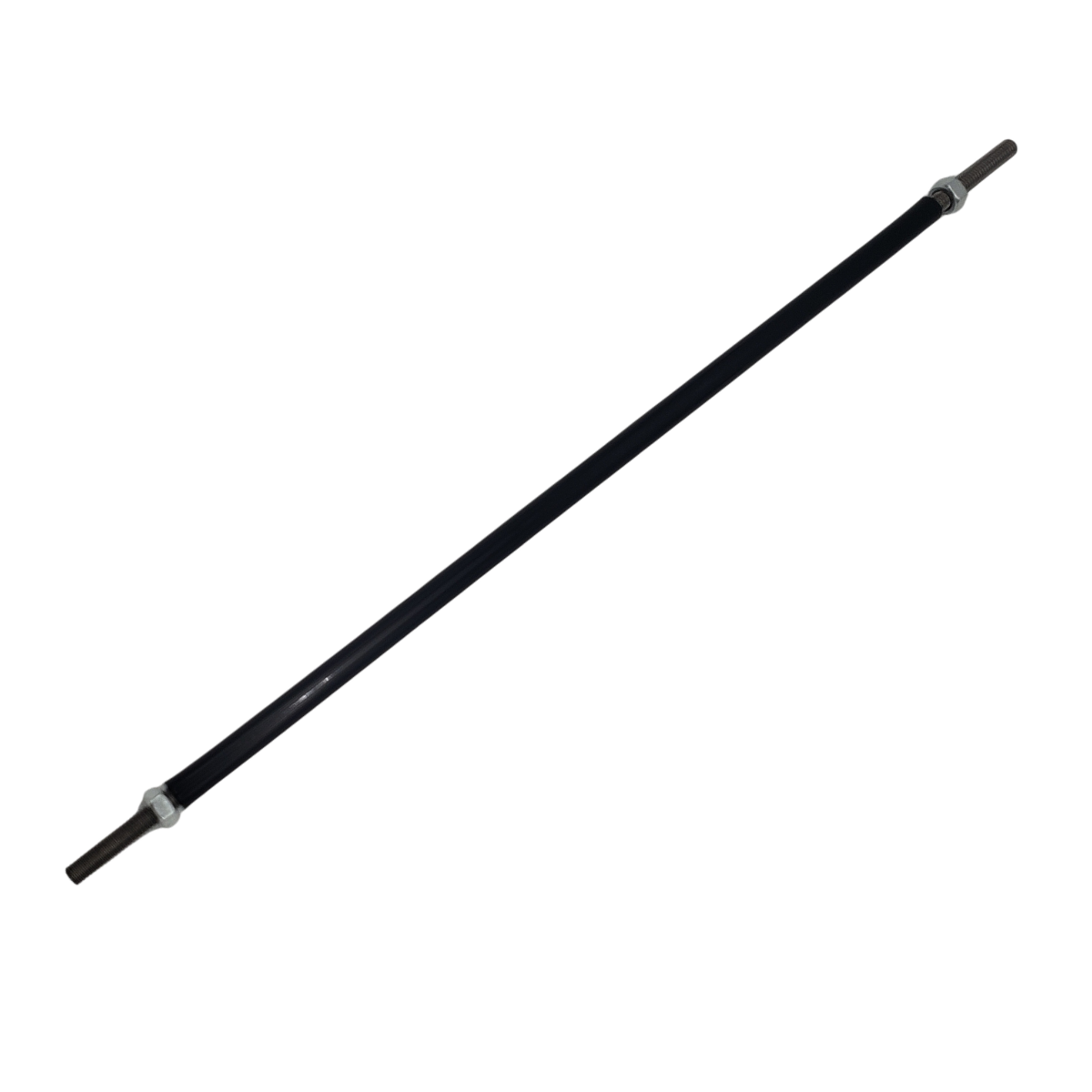 Black barbell or weightlifting bar with gray ends, shown diagonally on a white background