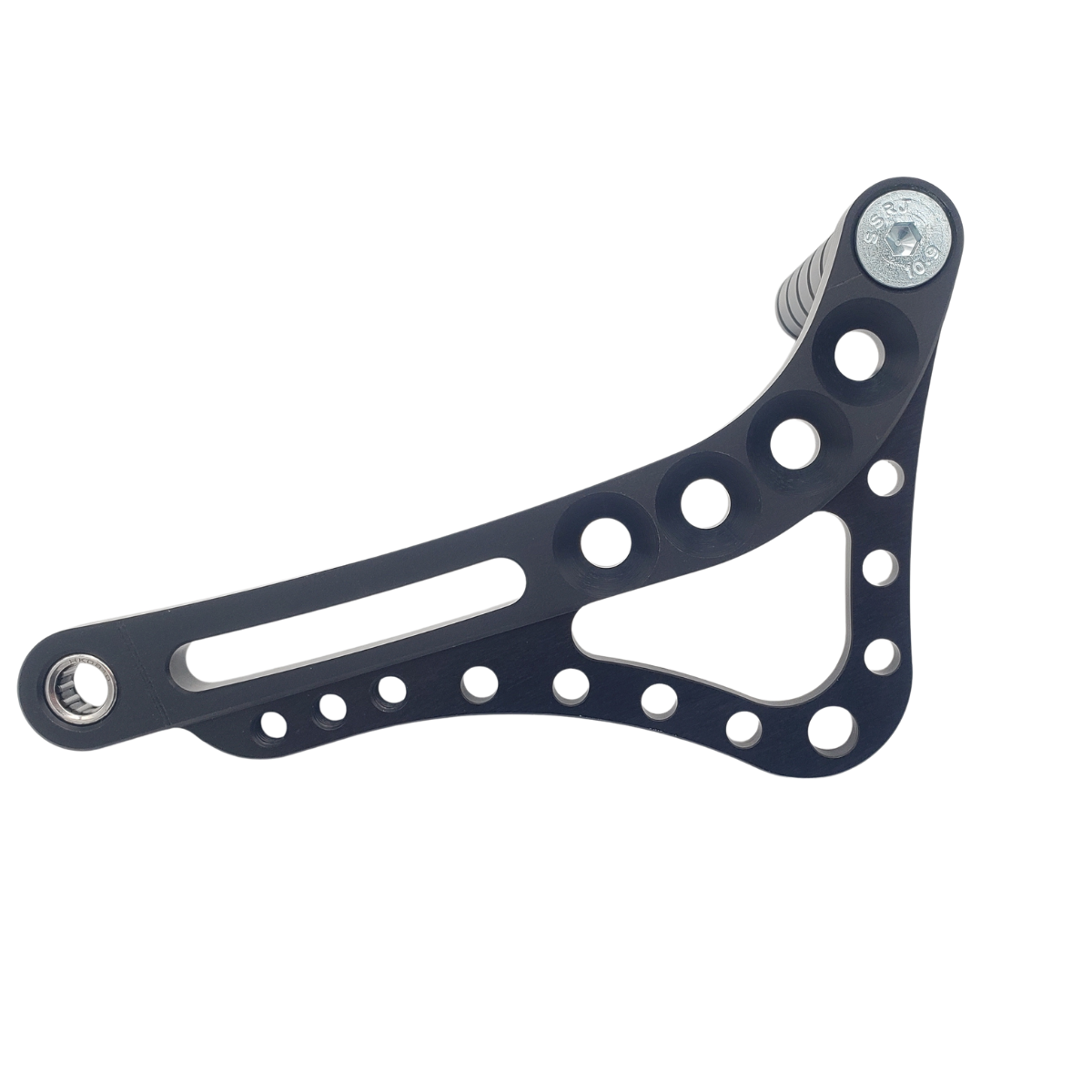 Black metal bracket with multiple holes and two silver mounting points, isolated on white background