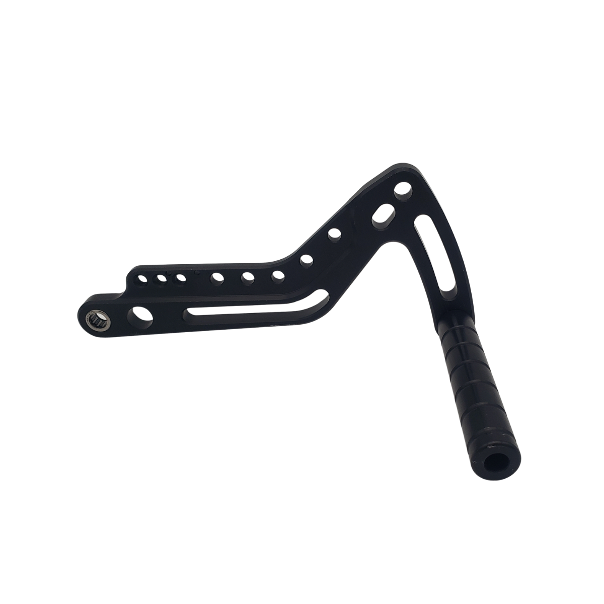 Black perforated metal bicycle brake lever or handlebar part on a white background