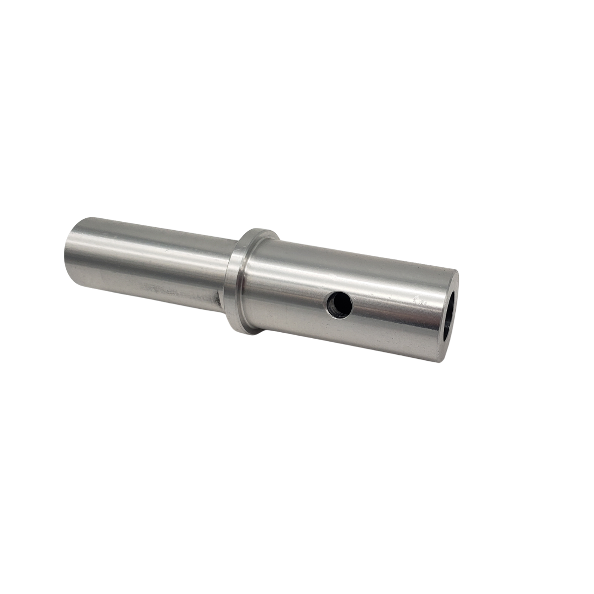 Silver metal cylindrical pin with a stepped center and a small side hole