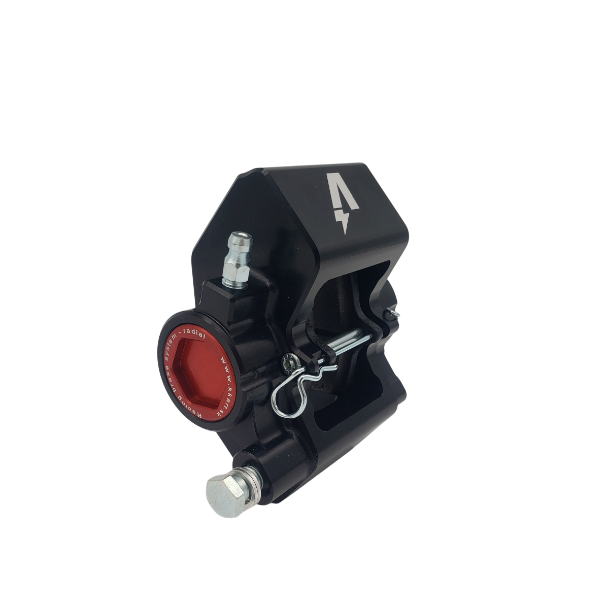 Black mechanical clamp with a red circular lens and white arrow on top