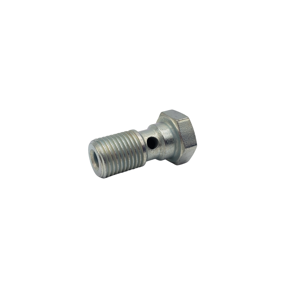 Metal threaded bolt with a side hole on a white background