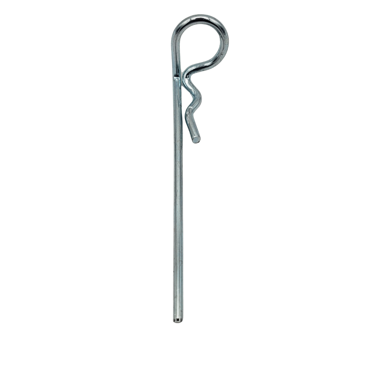 Metal cotter pin with a looped head and split prong on a white background