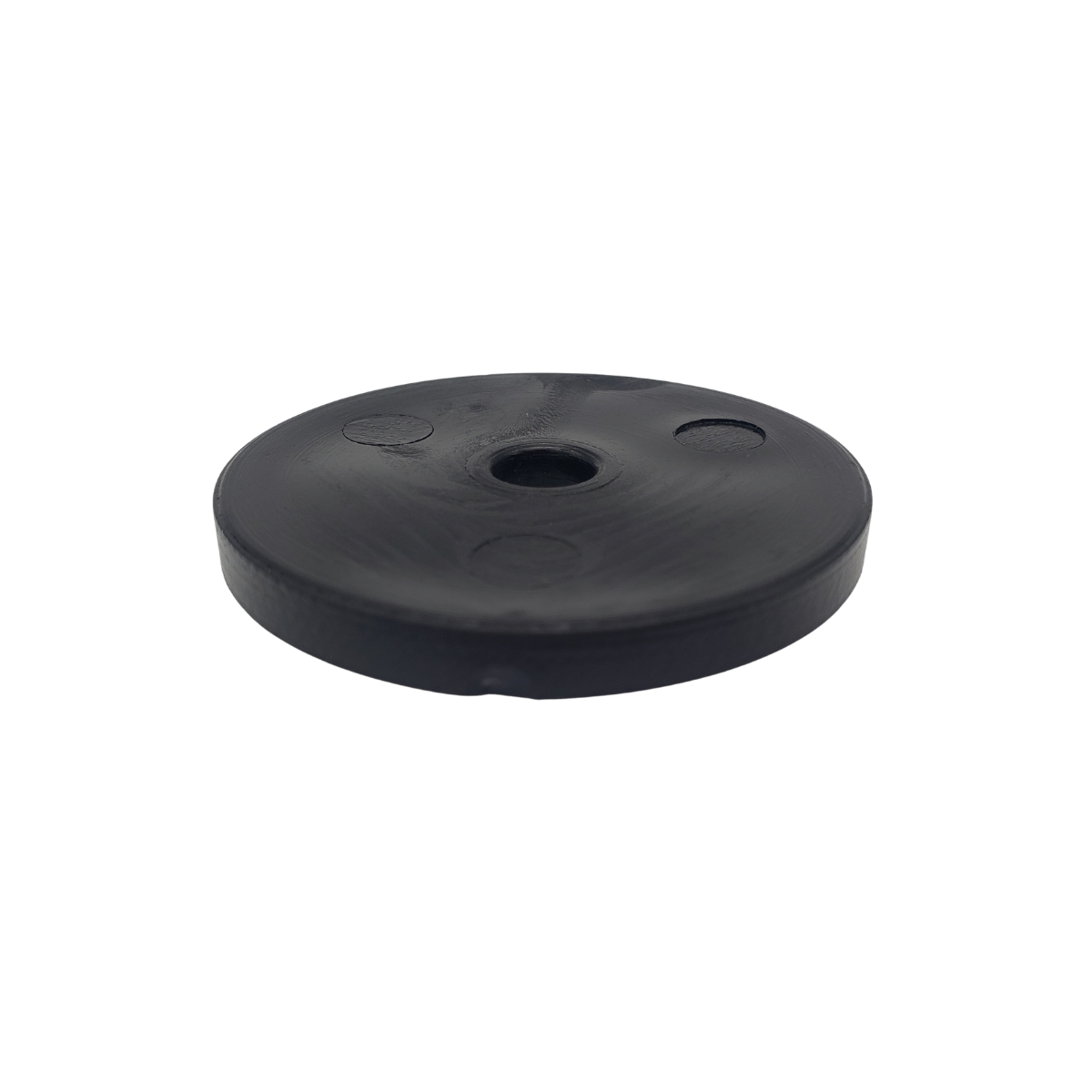 Black round rubber disc with a center hole on a white background