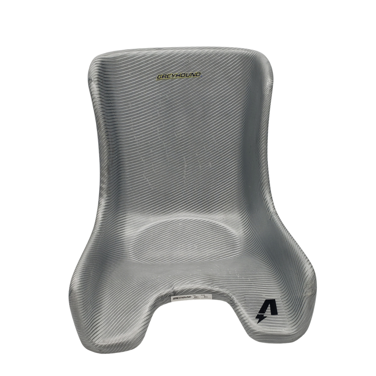 Gray mesh chair back support with an open bottom cutout and small logo on the lower right