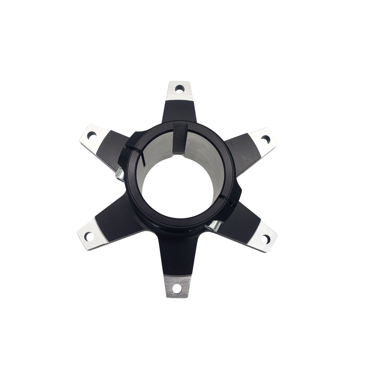 Black six-prong metal adapter ring on a white background
