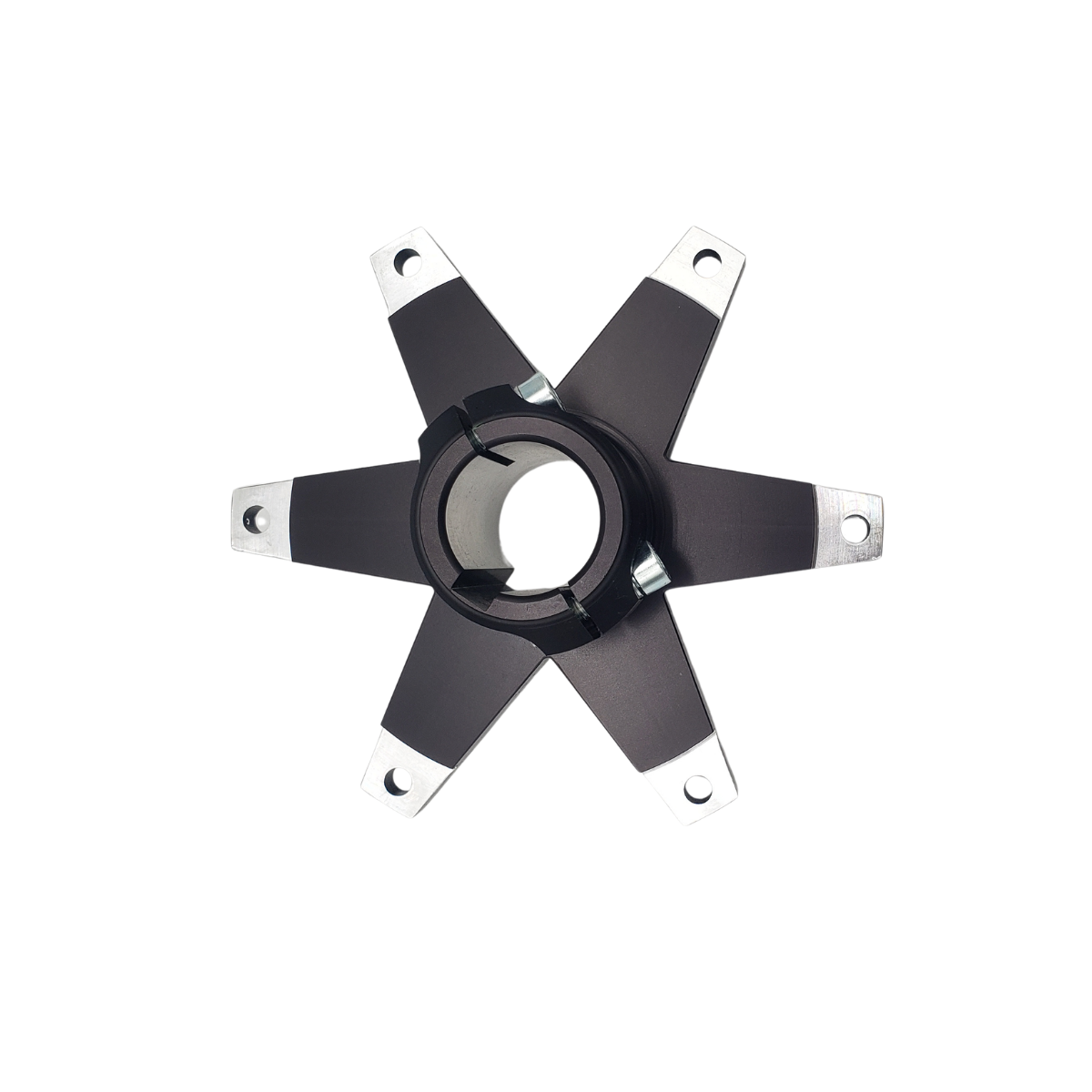 Black five-armed star-shaped metal tool or adapter with silver tips on a white background