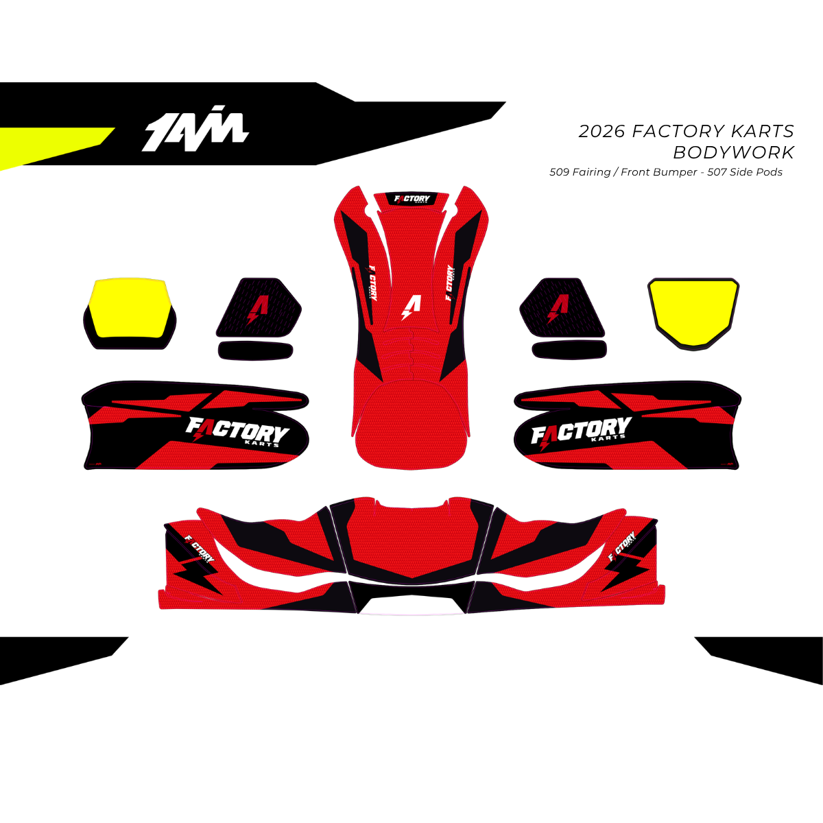 Red and black kart bodywork sticker decal layout with multiple parts on a white background