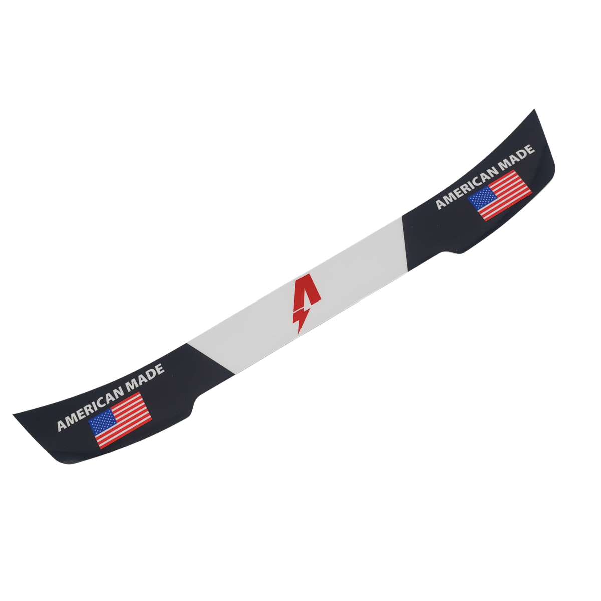 Black-and-white American Madness snowboard with red logo and U.S. flag graphics on both ends