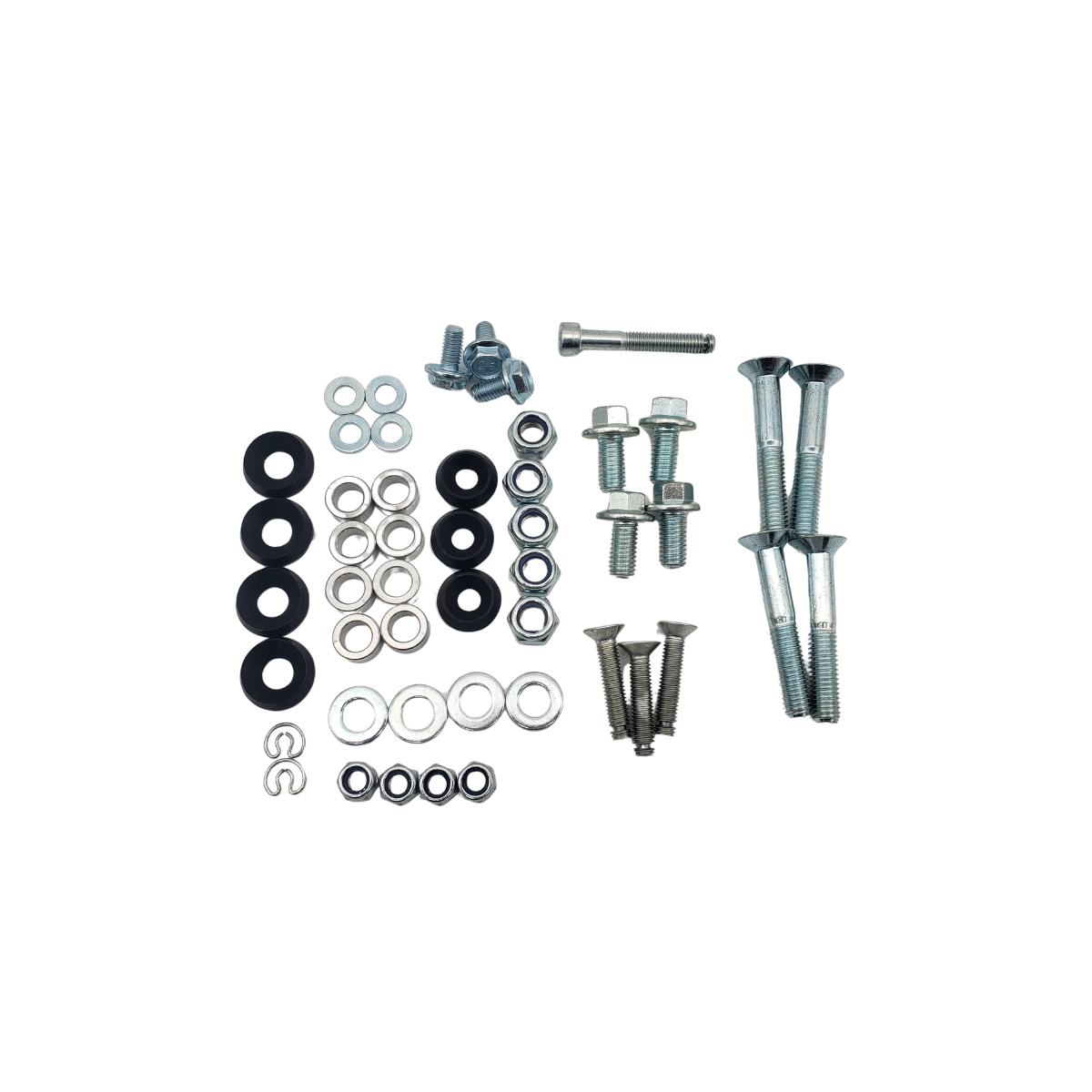 Assorted bolts, nuts, washers, and spacers arranged on a white background