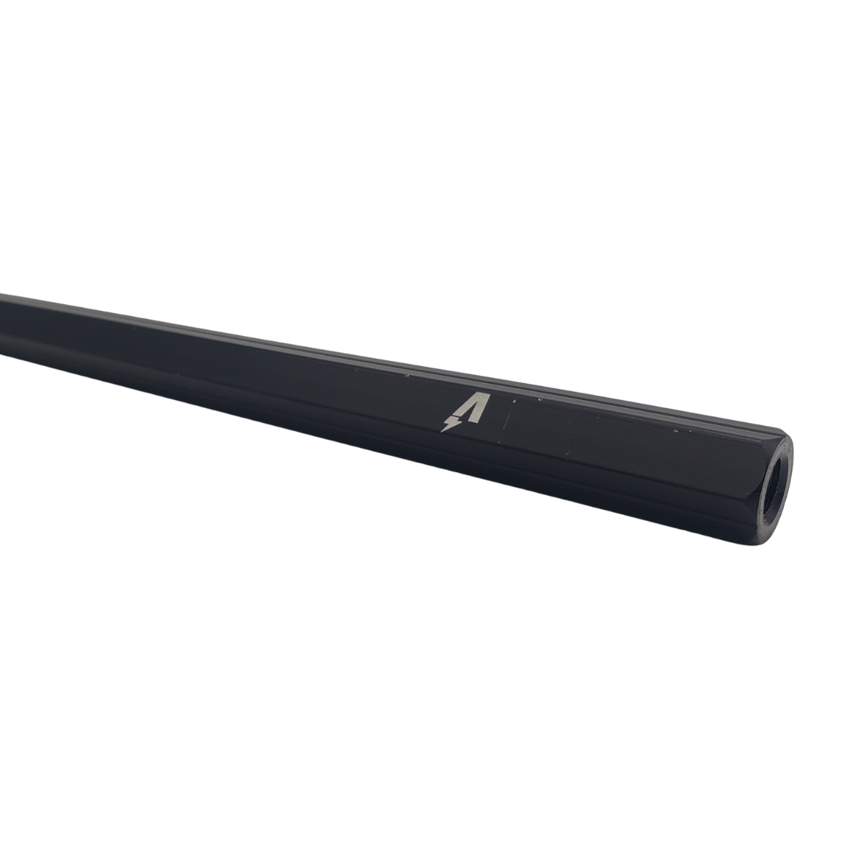 Black tapered cylindrical tube with a small white logo on a white background