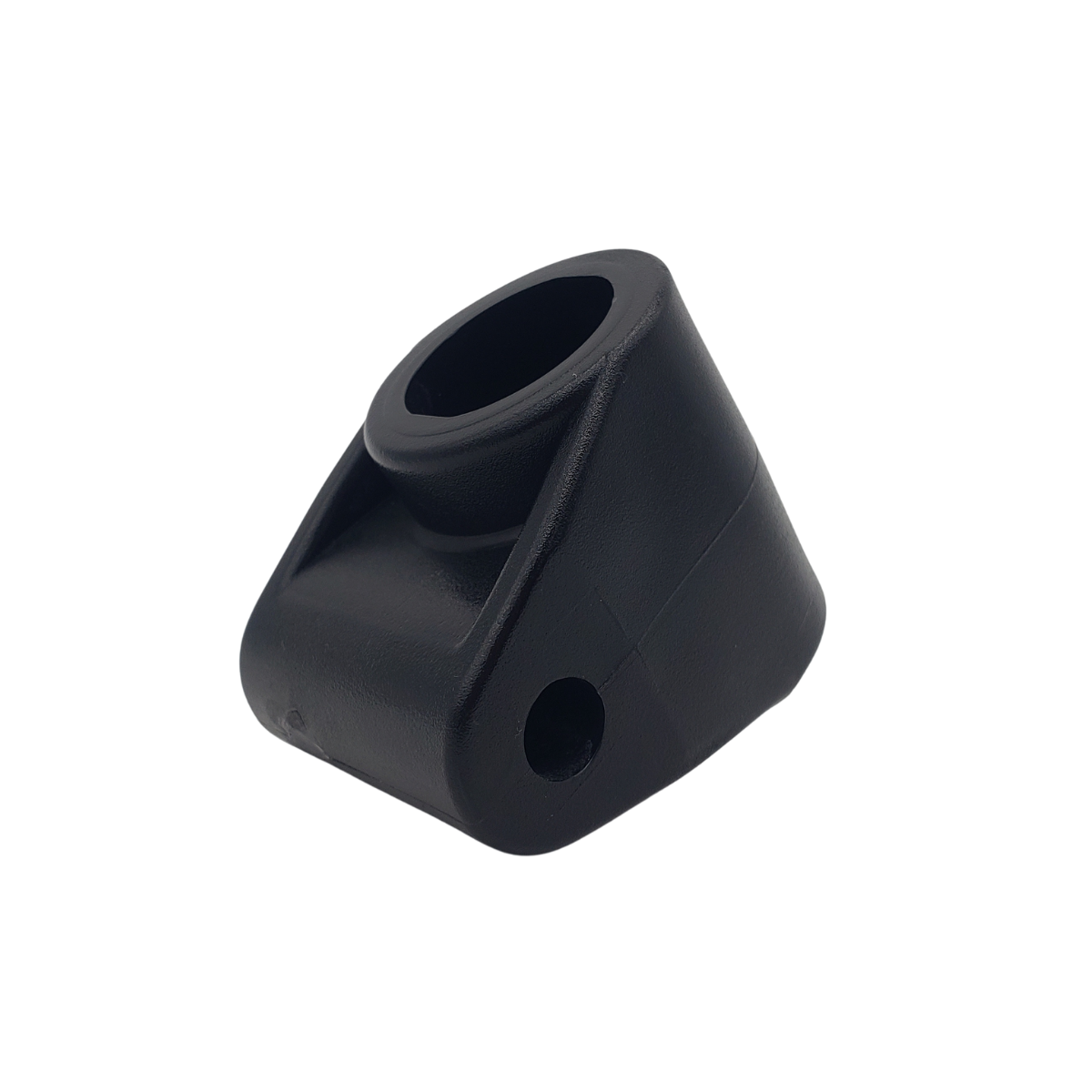 Black plastic mounting bracket with a large angled hole and a smaller side hole