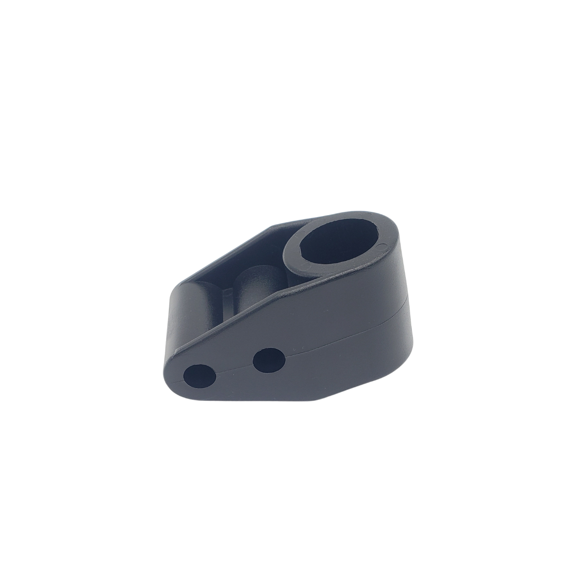 Black plastic angled connector with three holes on a white background