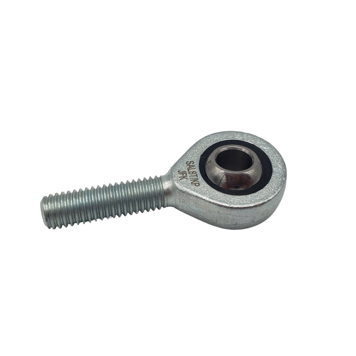 Metal rod end bearing with threaded shaft on a white background