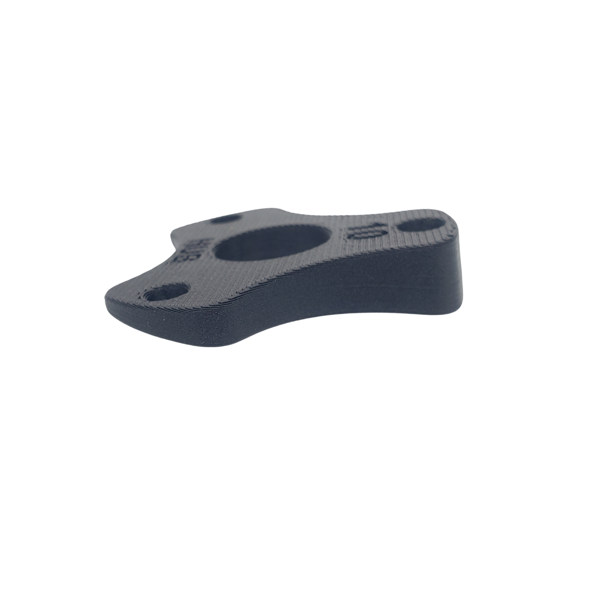 Dark gray 3D-printed mechanical bracket with multiple circular openings on a white background
