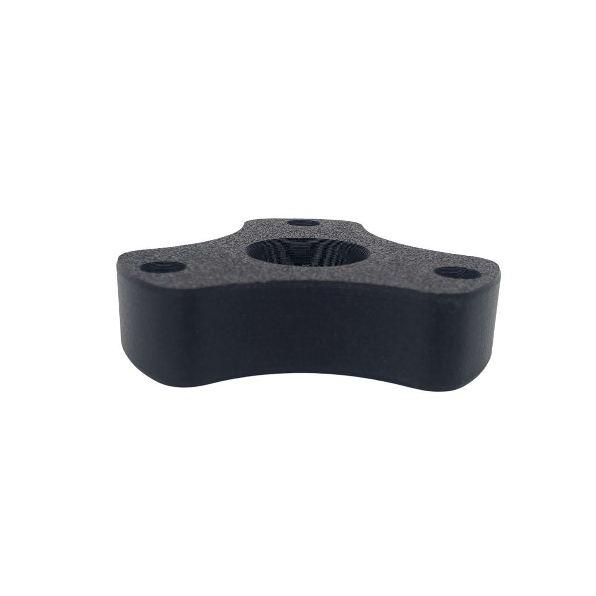 Black three-hole plastic mounting bracket with a central hole, isolated on white background