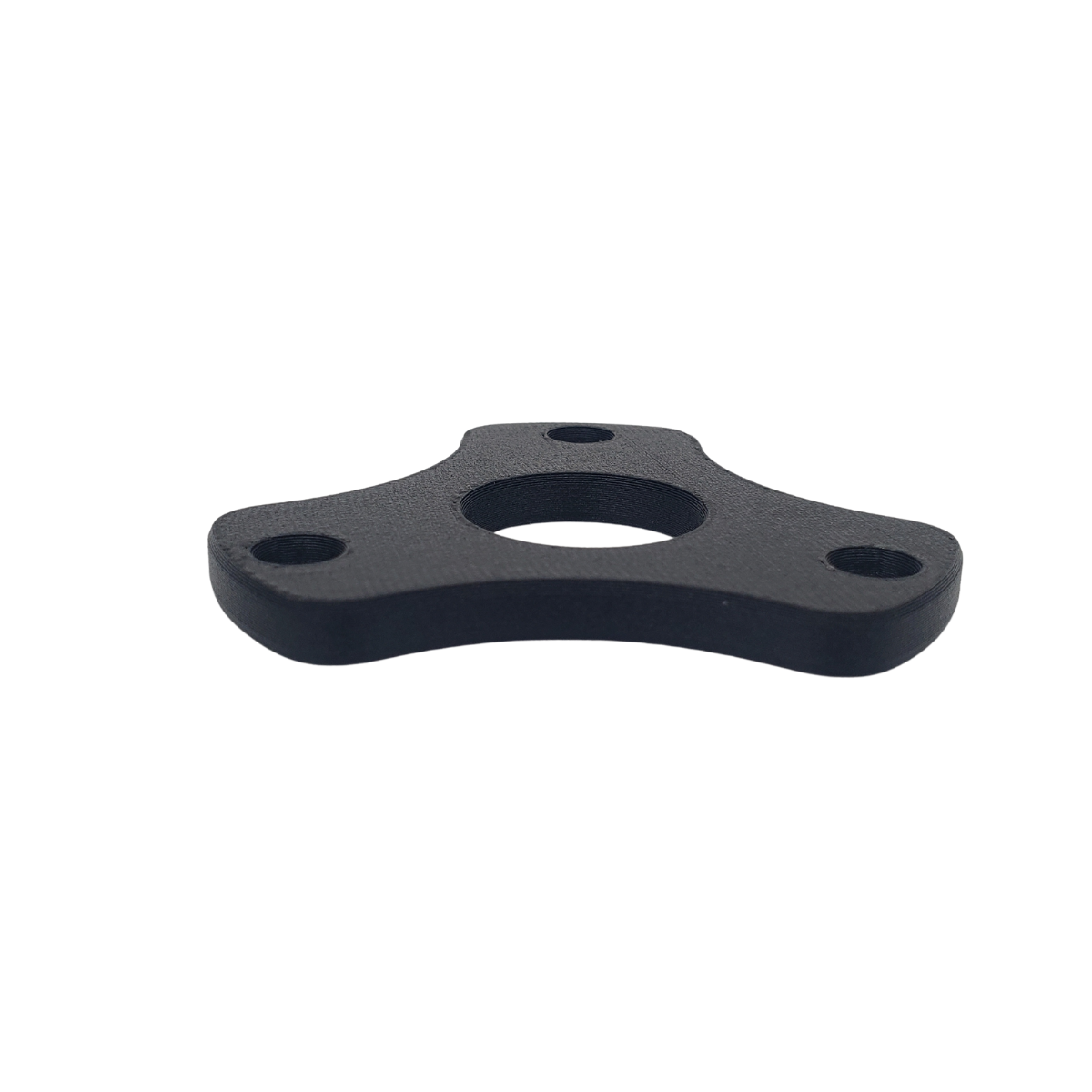 Black three-lobed metal flange with a central hole and three smaller bolt holes on a white background