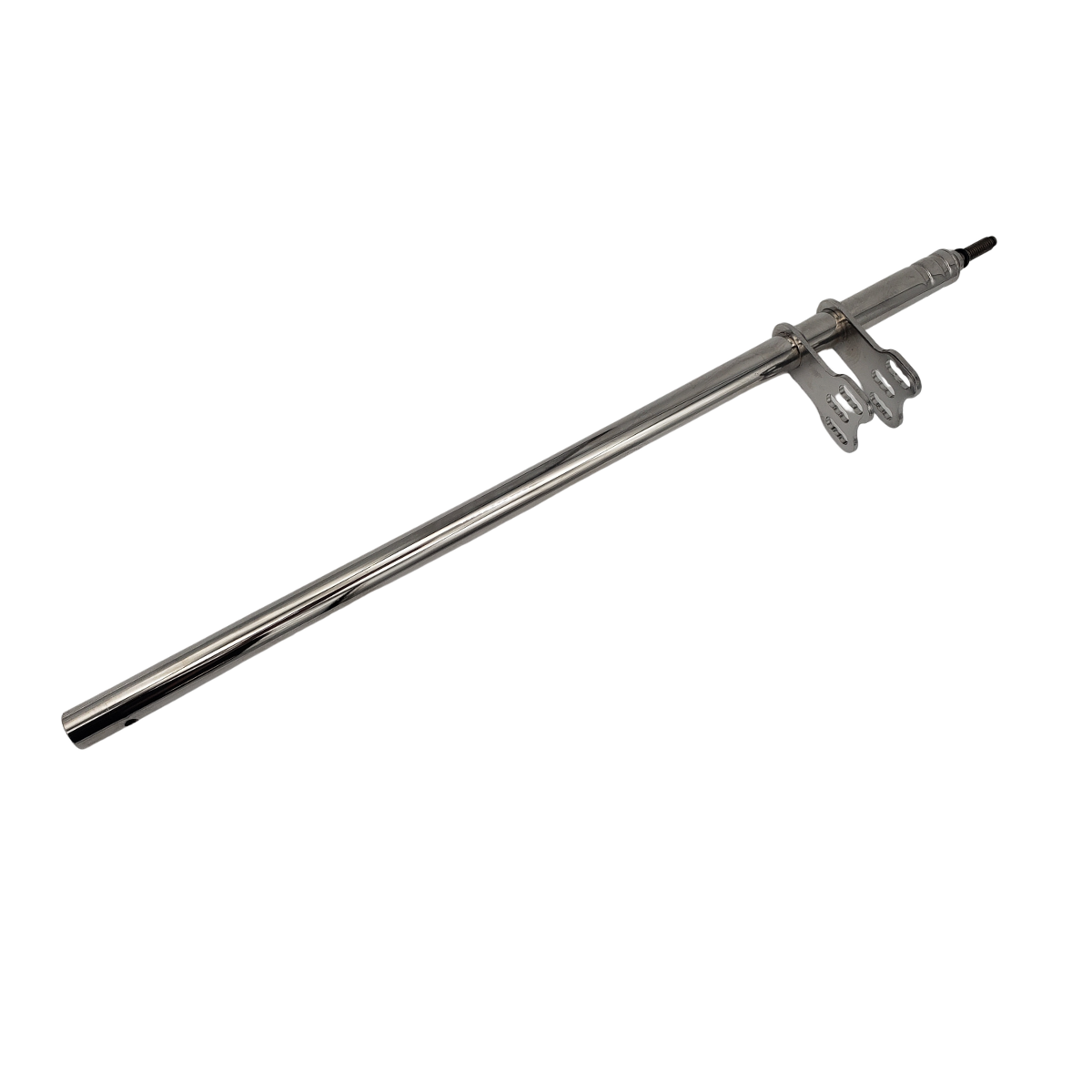 Silver metal rod with a mounting bracket and perforated end piece on a white background