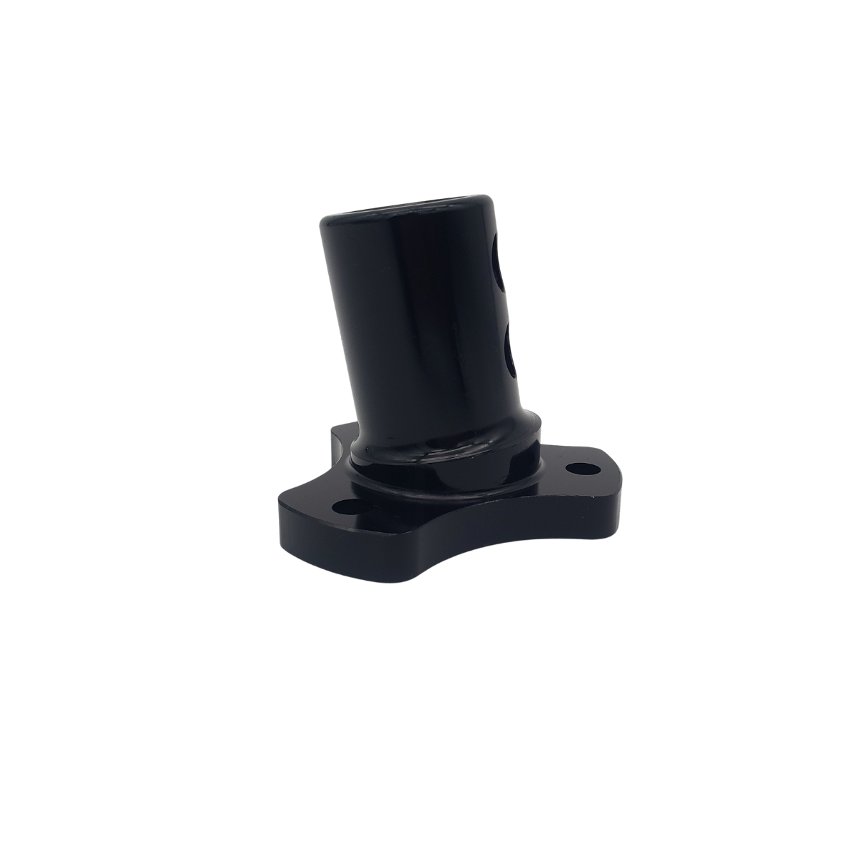 Black cylindrical mechanical part on a mounting base against a white background