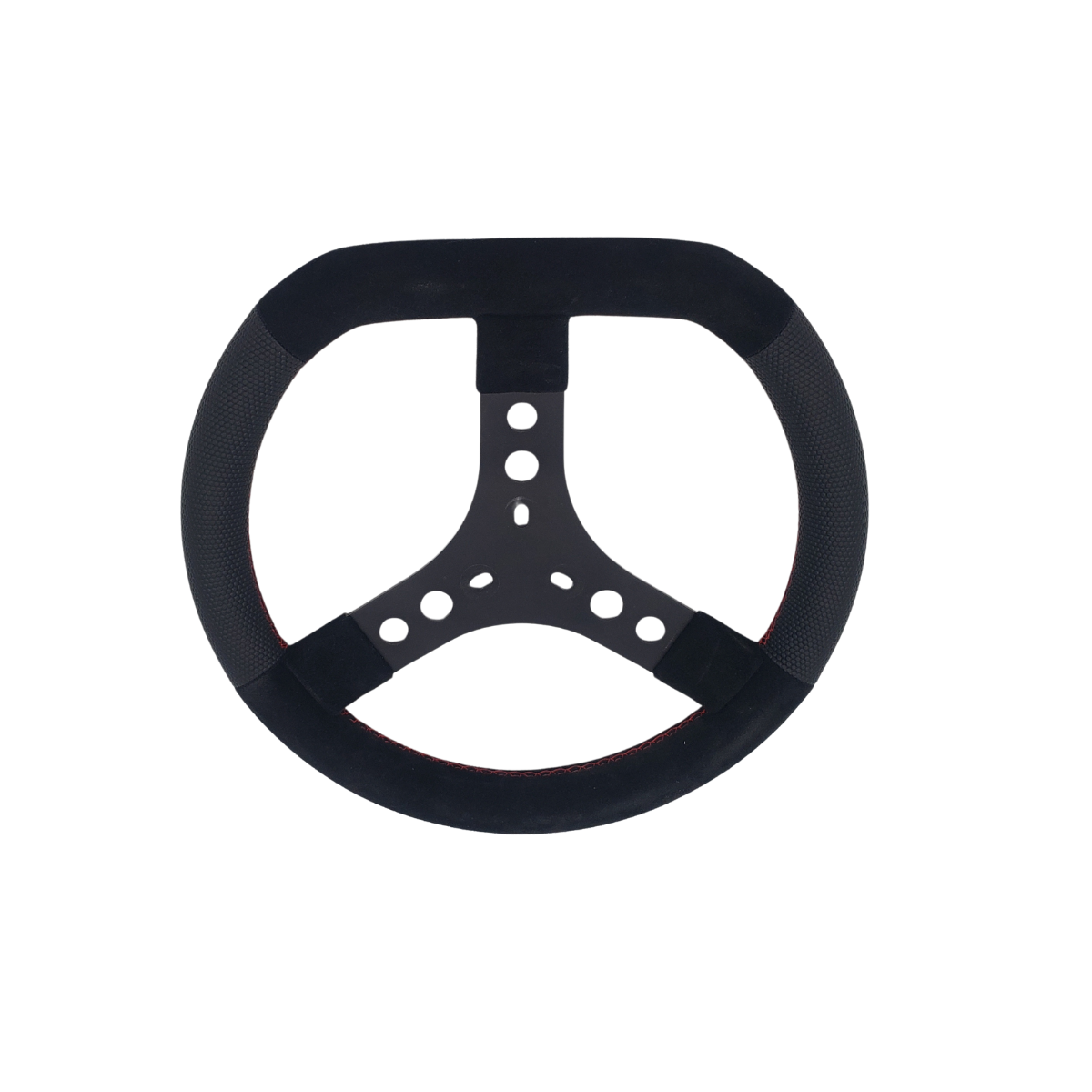 Black steering wheel icon with three spokes and circular cutout pattern