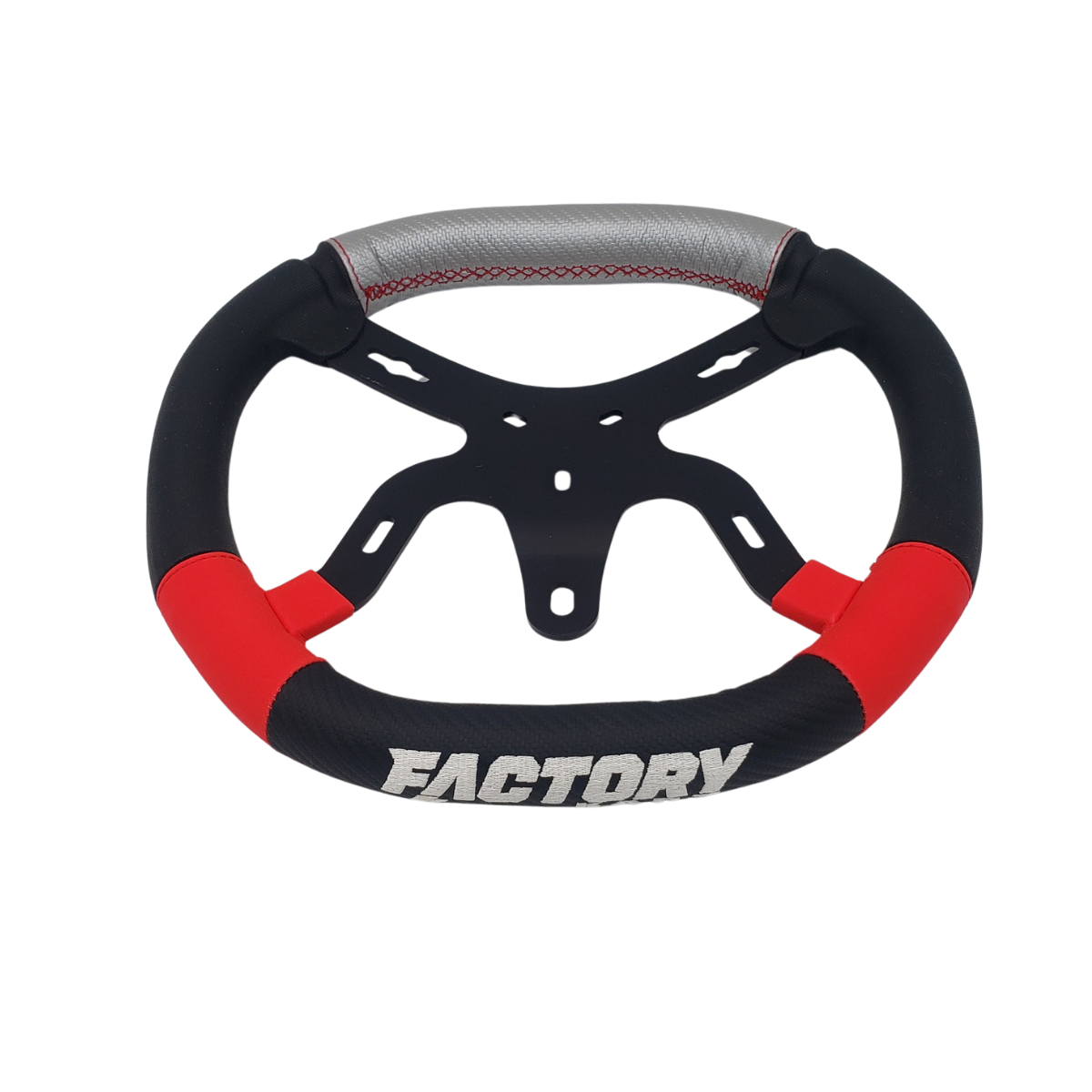 Black and red factory steering wheel with silver top grip on white background