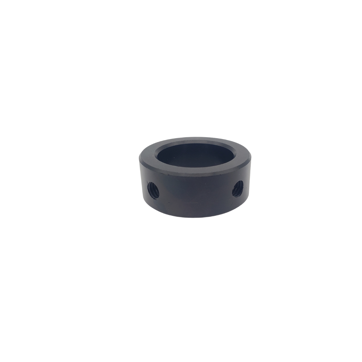 Black cylindrical metal collar with two side holes on a white background