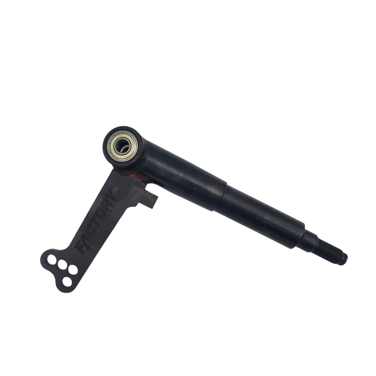Black mechanical arm or tool part with a circular joint, isolated on a white background