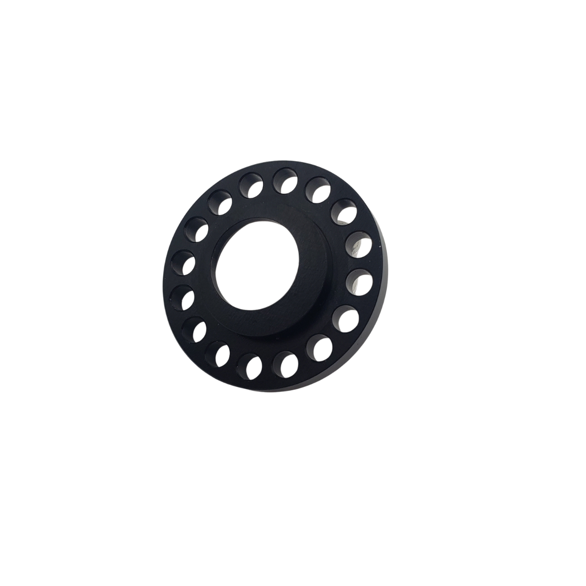 Black circular ring with evenly spaced oval cutouts and a large center hole